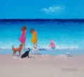 Niñas y perros en la playa. Impresionismo infantil.